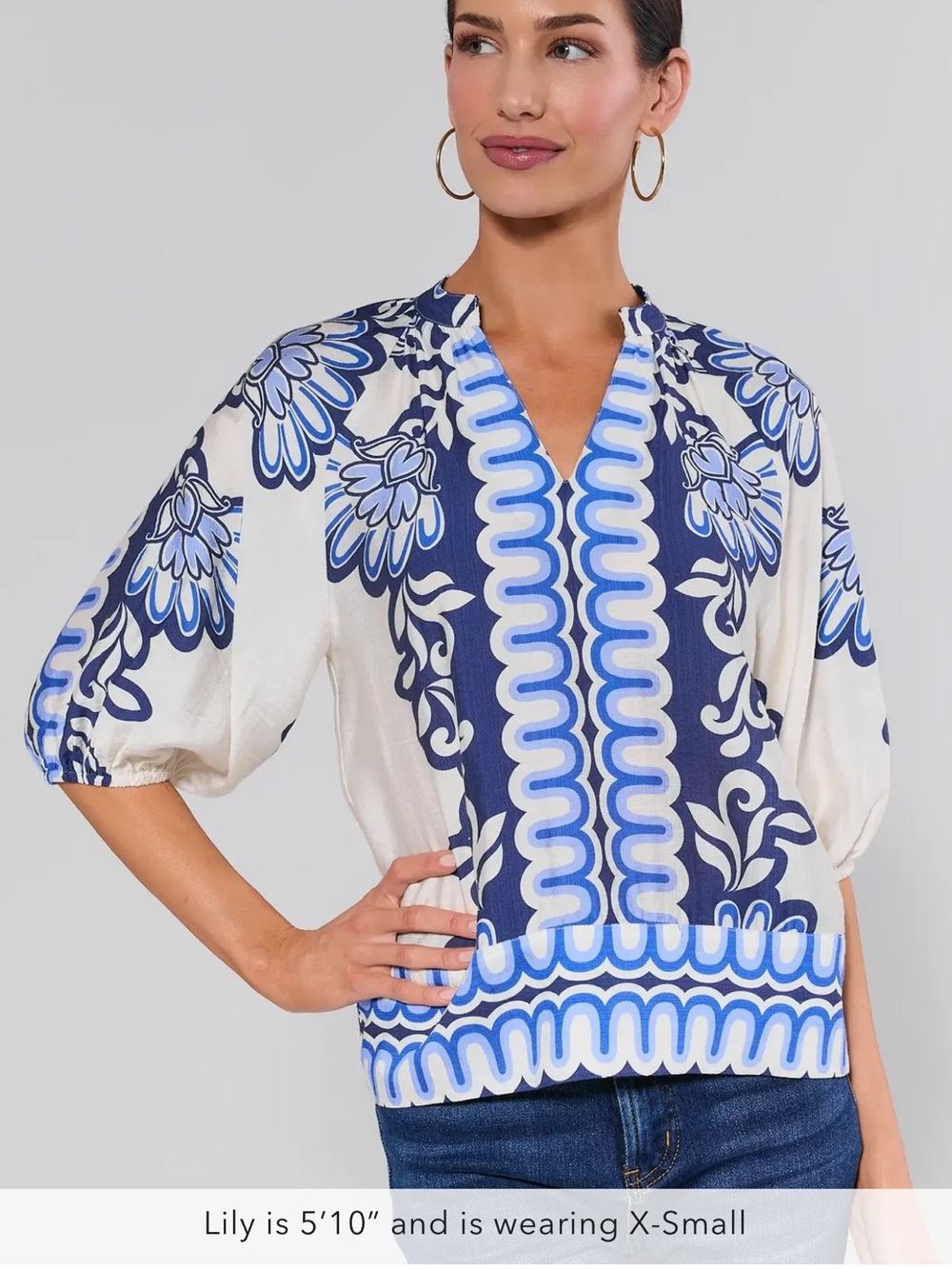 THML Blue and White Floral V-Neck Printed Blouse NWT